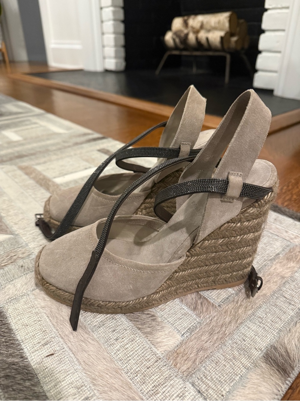 Brunello Cucinelli Taupe Suede Wedge Espadrilles with Black Straps